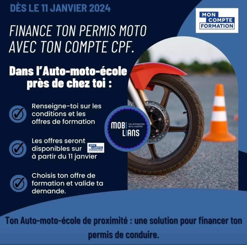 obtenez votre permis moto grâce à votre compte personnel de formation (cpf). profitez de financements accessibles pour réaliser votre rêve de conduire une moto en toute sécurité et autonomie.